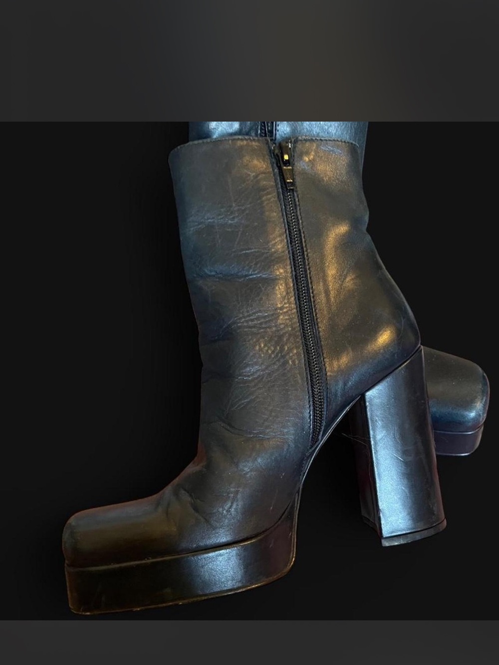 Black Leather Platform Block Heel Ankle Boots - Women